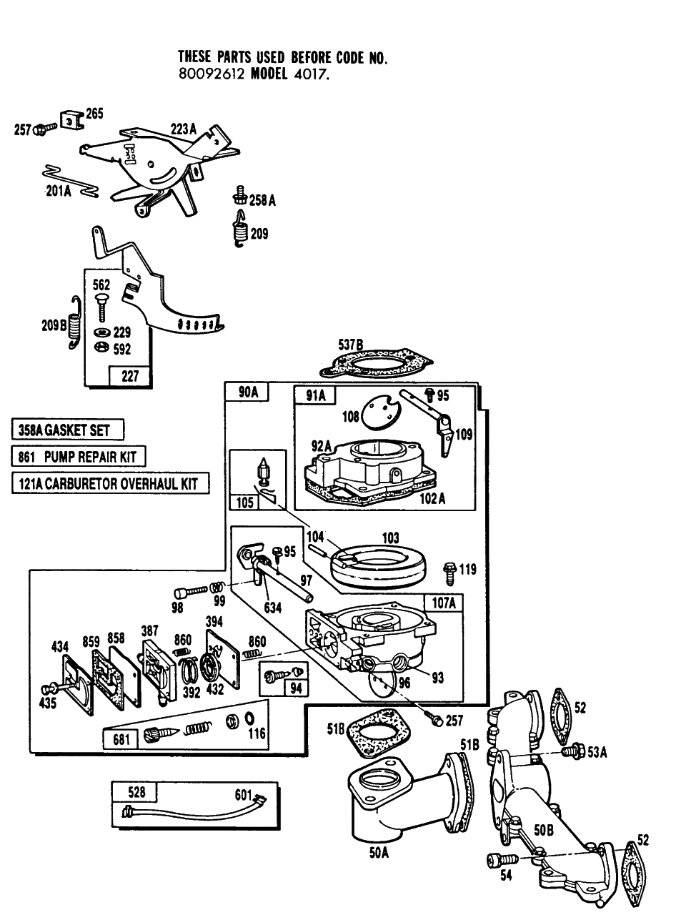 Carburetor Assembly,manifold 1 Diagram and Parts List for 401707-0510-XX  Briggs and Stratton Engine